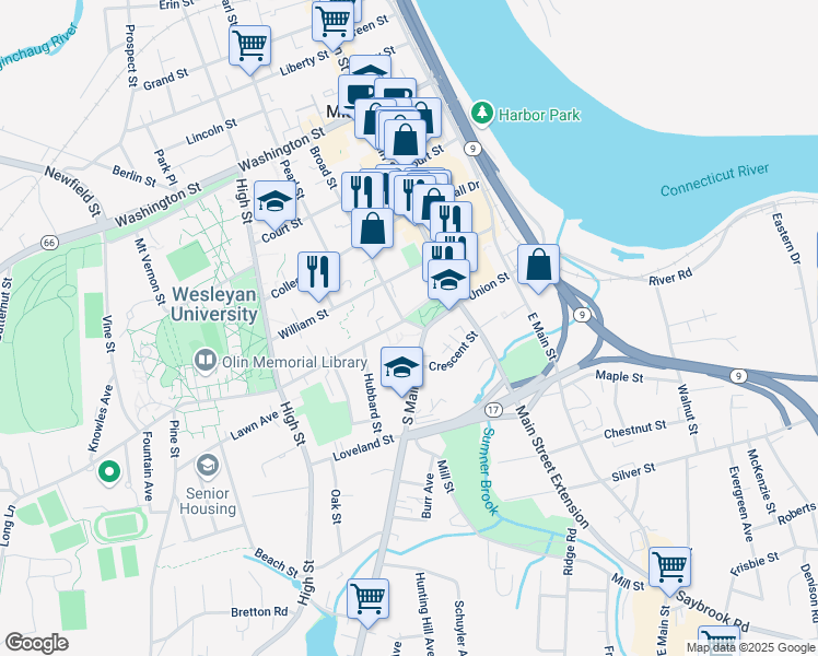 map of restaurants, bars, coffee shops, grocery stores, and more near 17 Church Street in Middletown