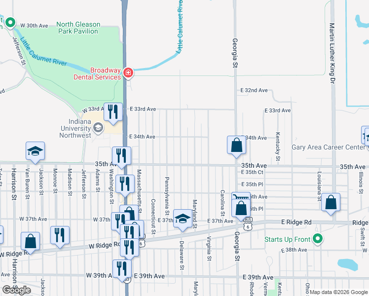 map of restaurants, bars, coffee shops, grocery stores, and more near 3429 Delaware St in Gary