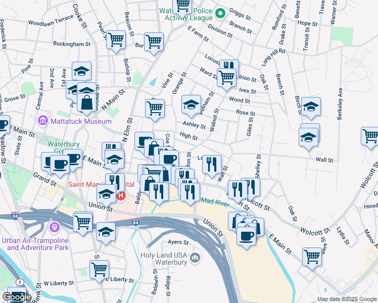 map of restaurants, bars, coffee shops, grocery stores, and more near Walnut Street & Welton Street in Waterbury