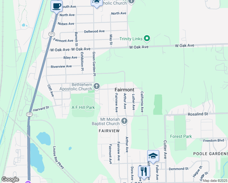 map of restaurants, bars, coffee shops, grocery stores, and more near 2215 Fairview Avenue in Lockport