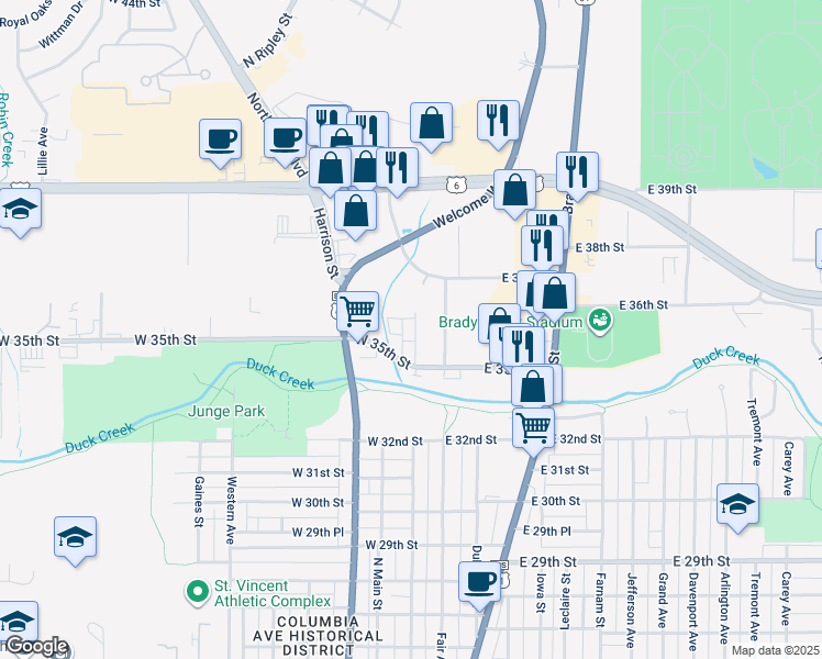 map of restaurants, bars, coffee shops, grocery stores, and more near 3535 North Main Street in Davenport