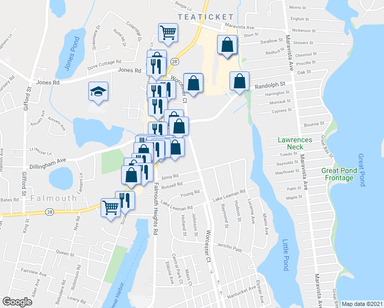 map of restaurants, bars, coffee shops, grocery stores, and more near 150 Worcester Court in Falmouth