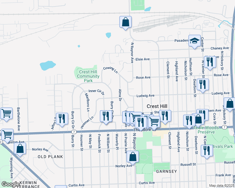 map of restaurants, bars, coffee shops, grocery stores, and more near 1803 Alma Dr in Crest Hill