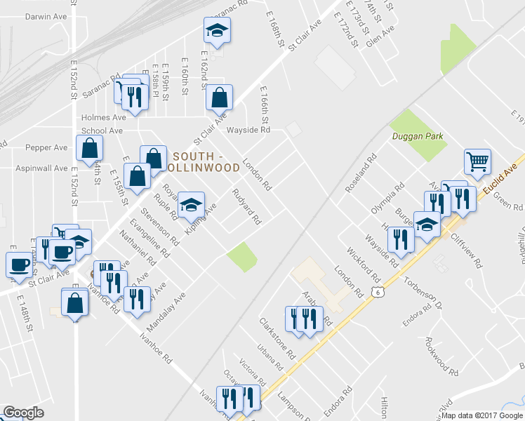 map of restaurants, bars, coffee shops, grocery stores, and more near 932 Alhambra Rd in Cleveland