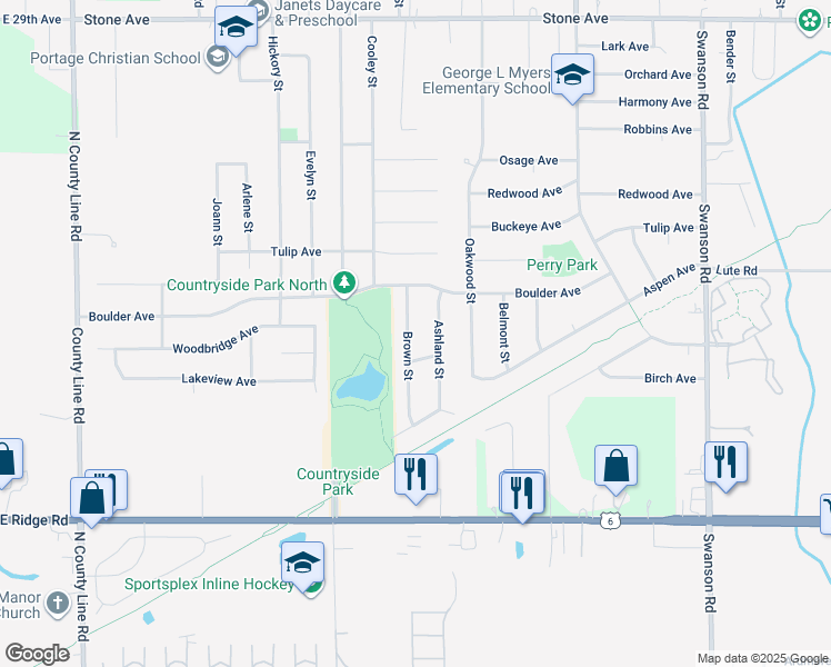 map of restaurants, bars, coffee shops, grocery stores, and more near 3305 Brown Street in Portage