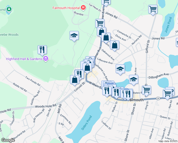 map of restaurants, bars, coffee shops, grocery stores, and more near 47 North Main Street in Falmouth