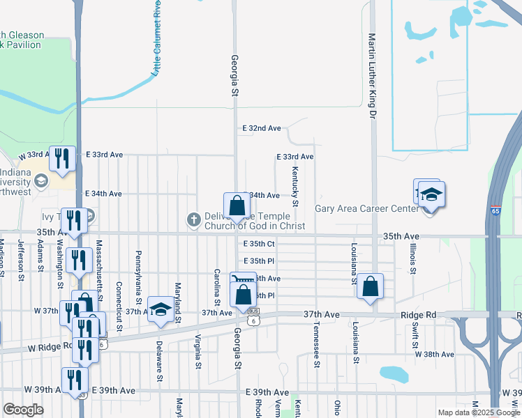 map of restaurants, bars, coffee shops, grocery stores, and more near 3431 Rhode Island Court in Gary