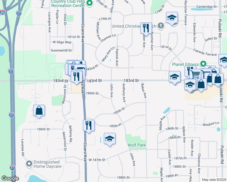 map of restaurants, bars, coffee shops, grocery stores, and more near 18331 John Avenue in Country Club Hills