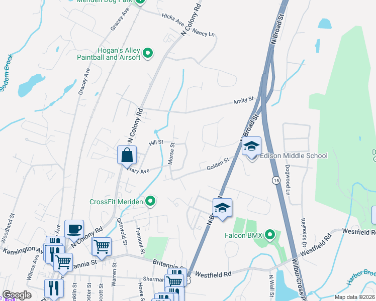 map of restaurants, bars, coffee shops, grocery stores, and more near 78 Woodland Ridge in Meriden
