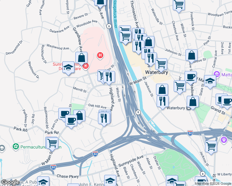 map of restaurants, bars, coffee shops, grocery stores, and more near 29 Highland Avenue in Waterbury