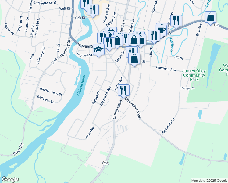 map of restaurants, bars, coffee shops, grocery stores, and more near 25 Ridge Avenue in Walden