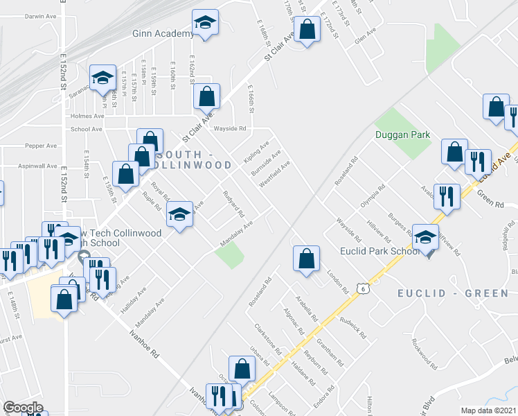 map of restaurants, bars, coffee shops, grocery stores, and more near 932 Alhambra Road in Cleveland