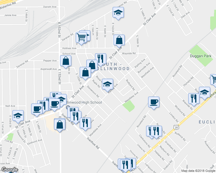 map of restaurants, bars, coffee shops, grocery stores, and more near 901 Royal Road in Cleveland