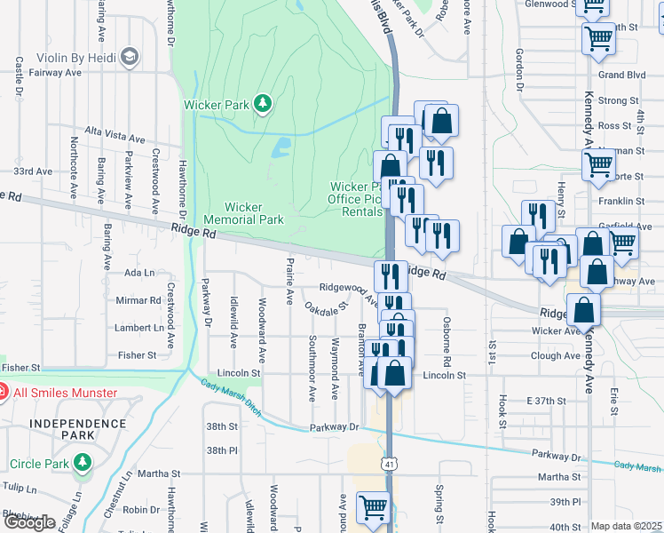 map of restaurants, bars, coffee shops, grocery stores, and more near 2248-2252 Ridge Road in Highland