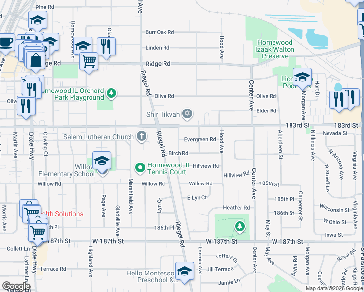map of restaurants, bars, coffee shops, grocery stores, and more near 18344 Poplar Avenue in Homewood