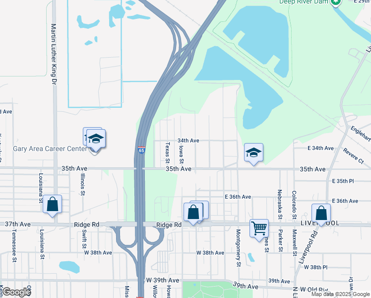 map of restaurants, bars, coffee shops, grocery stores, and more near 3415 Iowa Street in Gary