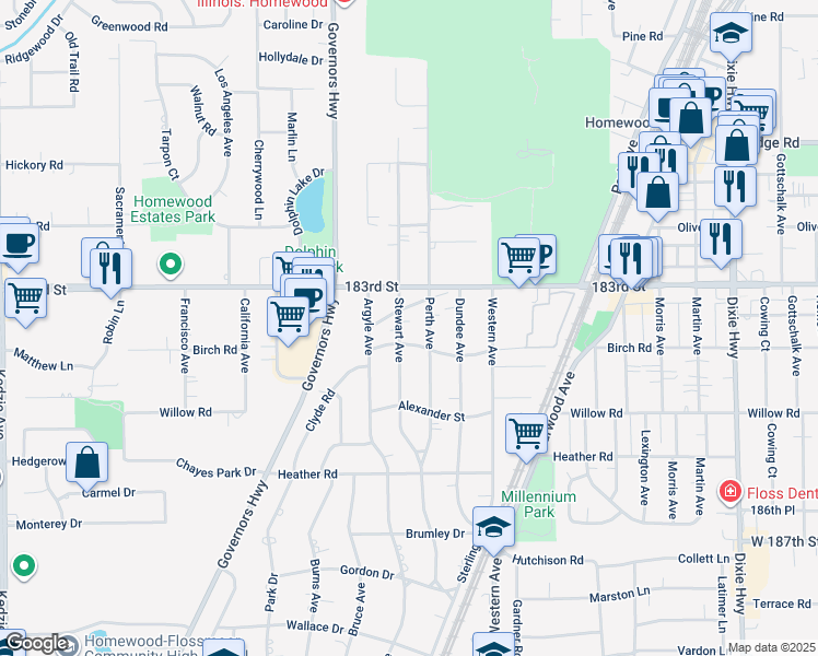 map of restaurants, bars, coffee shops, grocery stores, and more near 18343 Stewart Avenue in Homewood