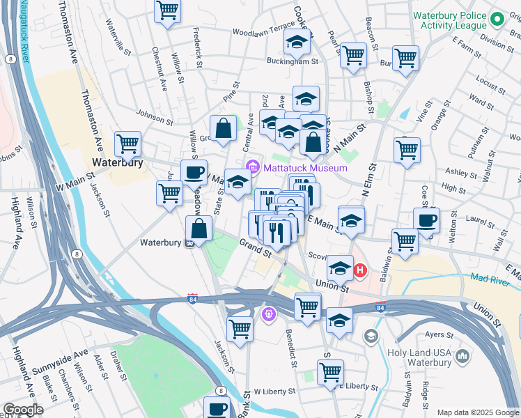 map of restaurants, bars, coffee shops, grocery stores, and more near in Waterbury