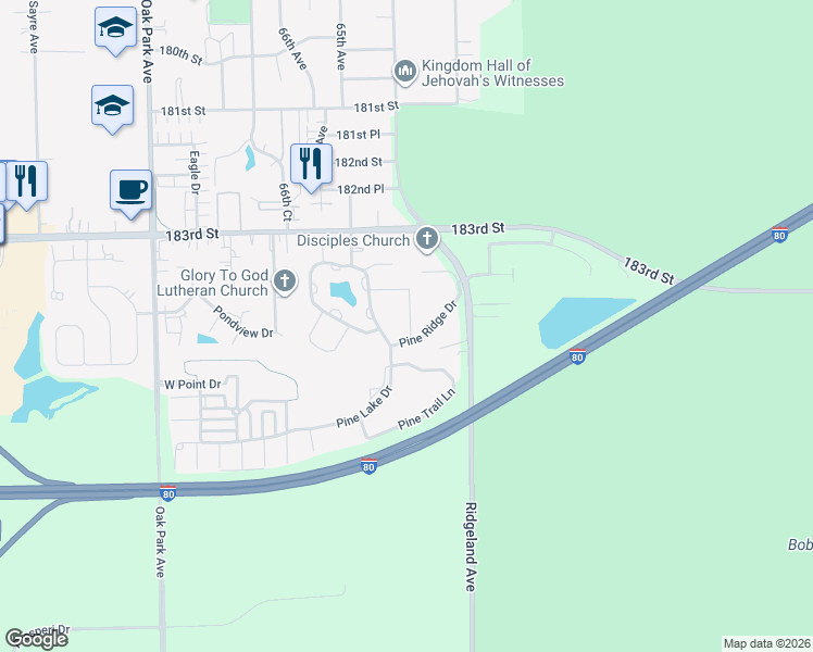 map of restaurants, bars, coffee shops, grocery stores, and more near 18422 Pine Cone Drive in Tinley Park