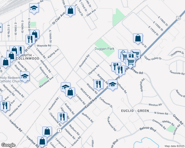 map of restaurants, bars, coffee shops, grocery stores, and more near 17918 Olympia Rd in Cleveland