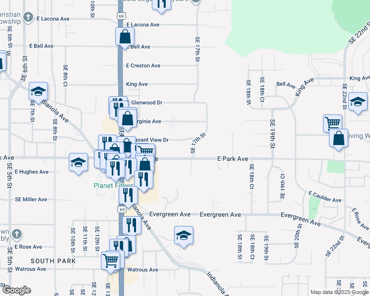 map of restaurants, bars, coffee shops, grocery stores, and more near 1626 East Park Avenue in Des Moines