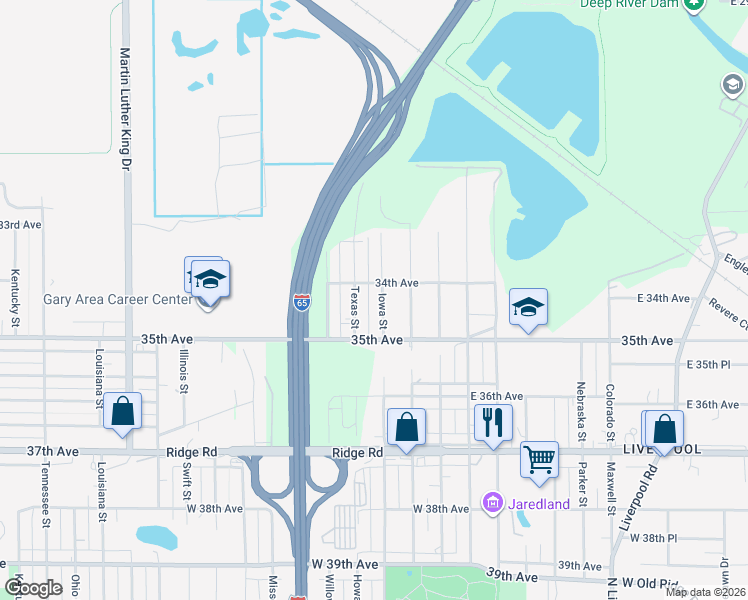 map of restaurants, bars, coffee shops, grocery stores, and more near 3415 Iowa St in Gary