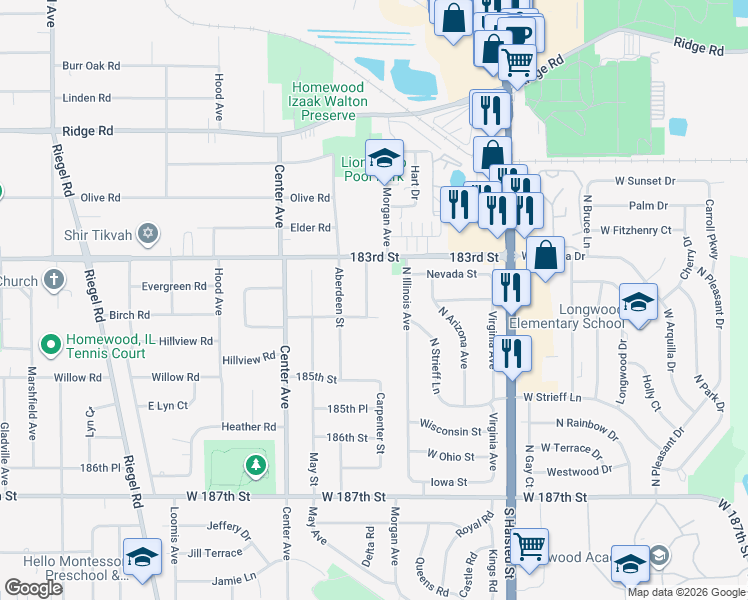 map of restaurants, bars, coffee shops, grocery stores, and more near 18347 Carpenter Street in Homewood