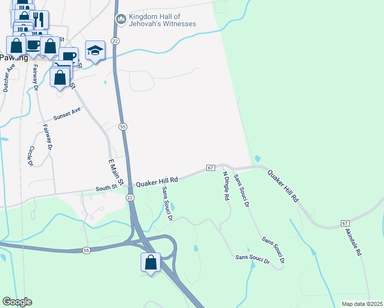 map of restaurants, bars, coffee shops, grocery stores, and more near 57 Quaker Hill Road in Pawling