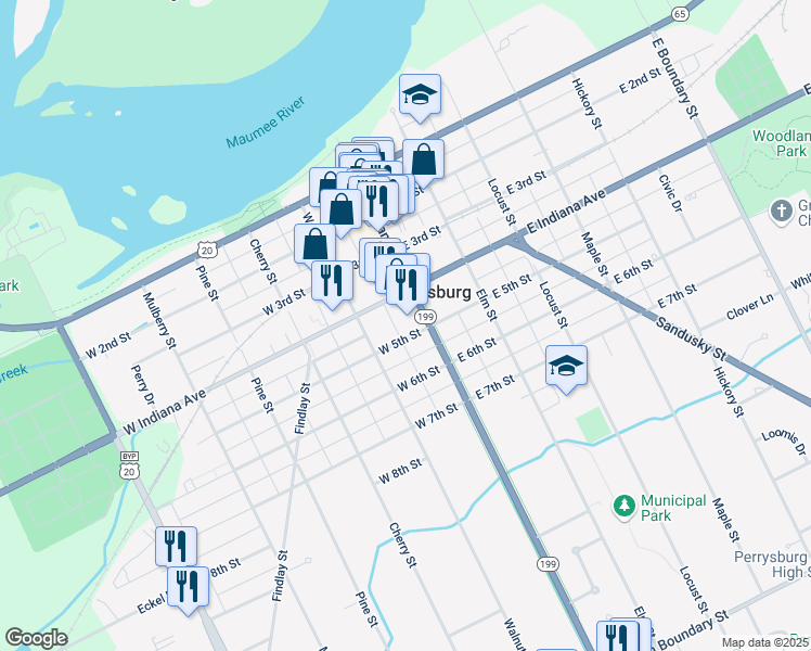 map of restaurants, bars, coffee shops, grocery stores, and more near 109 West 5th Street in Perrysburg