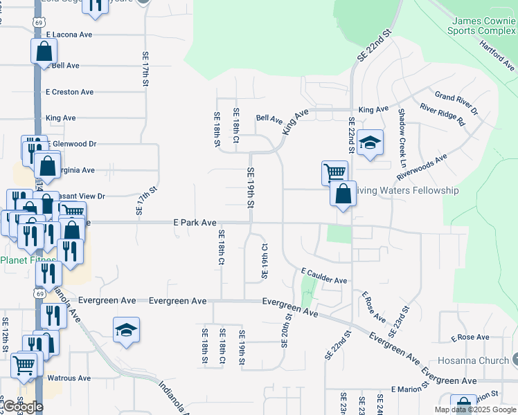 map of restaurants, bars, coffee shops, grocery stores, and more near 3115 Southeast 19th Street in Des Moines