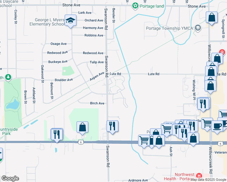 map of restaurants, bars, coffee shops, grocery stores, and more near 3263 Swanson Circle in Portage