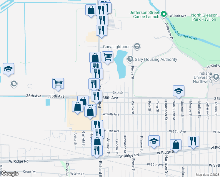 map of restaurants, bars, coffee shops, grocery stores, and more near 3448 Lincoln St in Gary