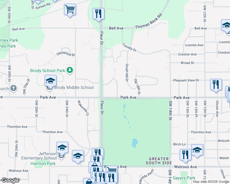map of restaurants, bars, coffee shops, grocery stores, and more near 3132 Park Plaza Drive in Des Moines