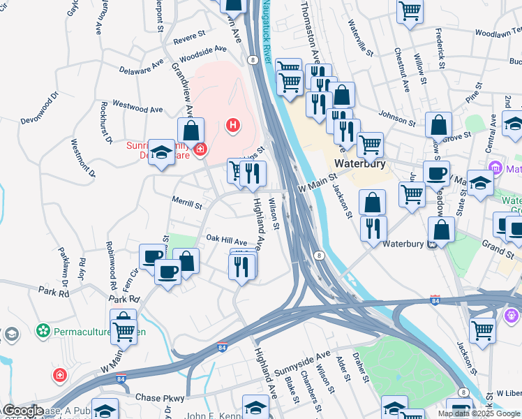 map of restaurants, bars, coffee shops, grocery stores, and more near 29 Highland Avenue in Waterbury