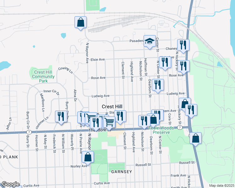map of restaurants, bars, coffee shops, grocery stores, and more near 1800 Oakland Avenue in Crest Hill