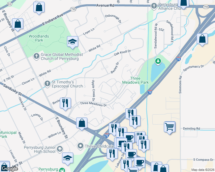 map of restaurants, bars, coffee shops, grocery stores, and more near 3 Exeter Rd in Perrysburg