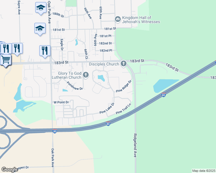 map of restaurants, bars, coffee shops, grocery stores, and more near 18416 Pine Lake Drive in Tinley Park