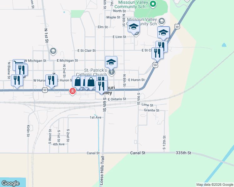 map of restaurants, bars, coffee shops, grocery stores, and more near 108 South 7th Street in Missouri Valley