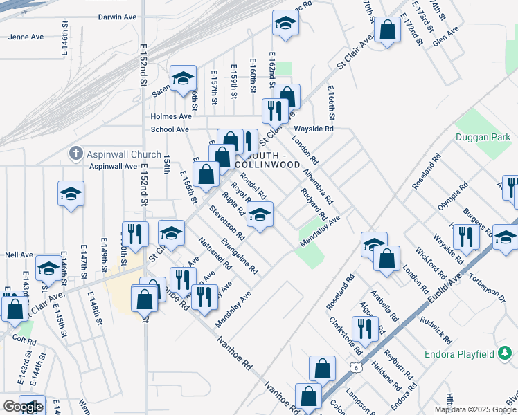 map of restaurants, bars, coffee shops, grocery stores, and more near 901 Royal Road in Cleveland
