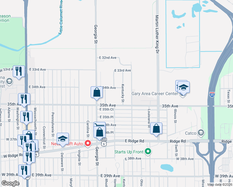 map of restaurants, bars, coffee shops, grocery stores, and more near 3421 Vermont Street in Gary