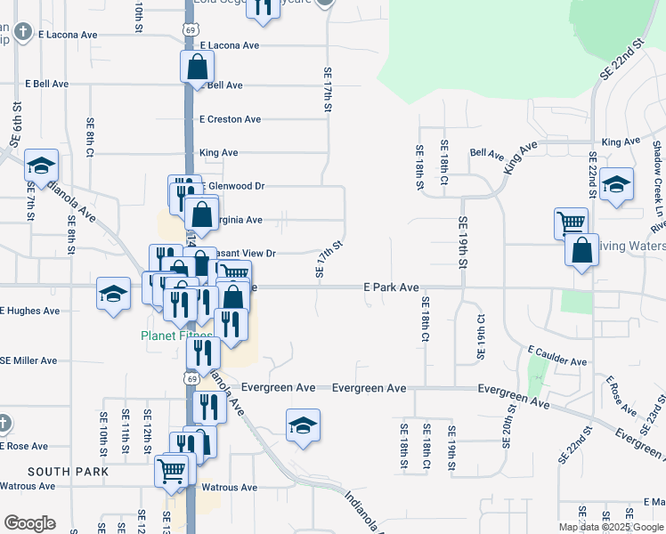 map of restaurants, bars, coffee shops, grocery stores, and more near 1646 East Park Avenue in Des Moines