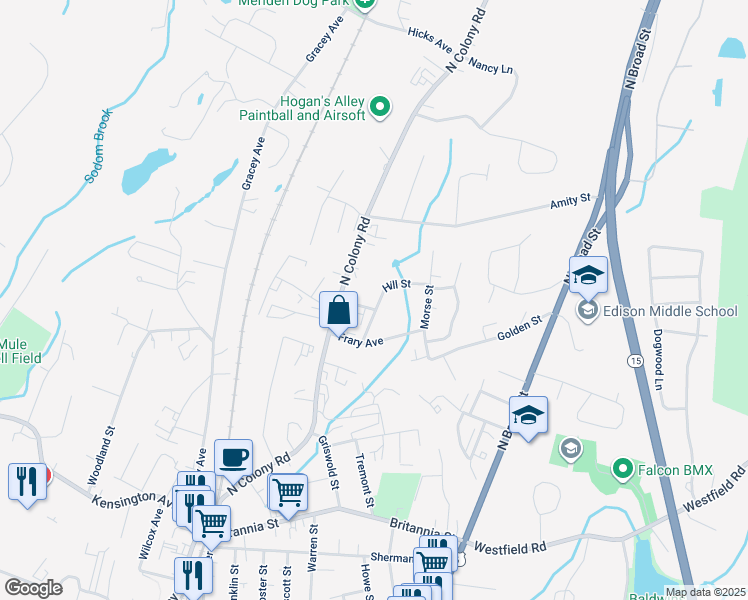 map of restaurants, bars, coffee shops, grocery stores, and more near 52 Hill Street in Meriden