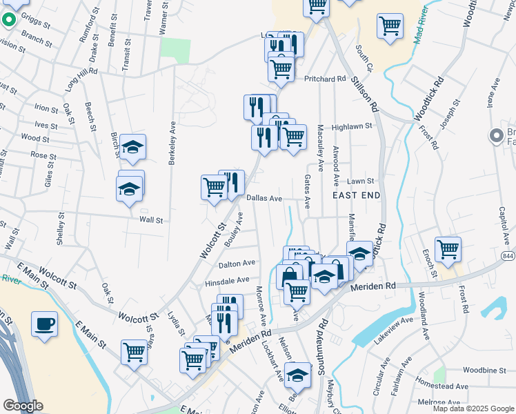 map of restaurants, bars, coffee shops, grocery stores, and more near 290 Monroe Avenue in Waterbury