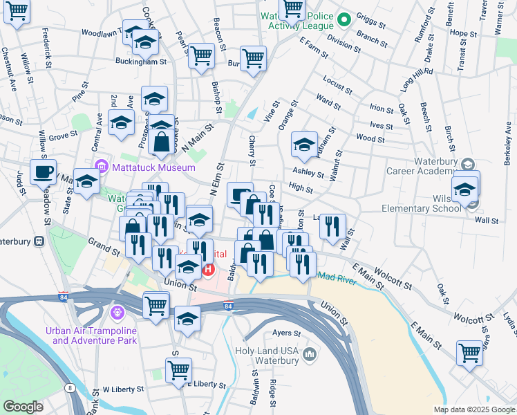 map of restaurants, bars, coffee shops, grocery stores, and more near 19 Walnut Street in Waterbury