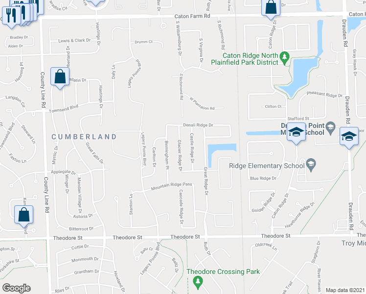 map of restaurants, bars, coffee shops, grocery stores, and more near 1906 Glacier Ridge Drive in Plainfield