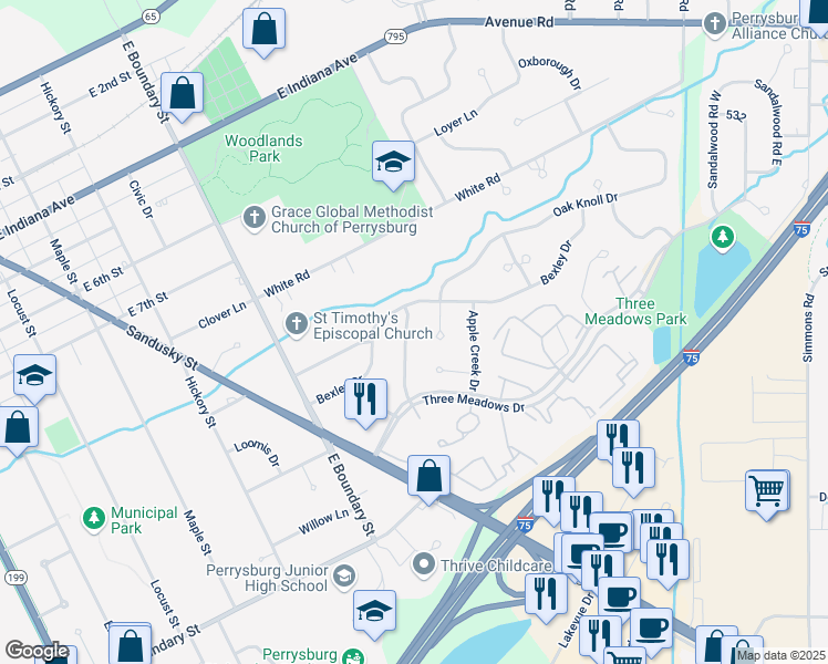 map of restaurants, bars, coffee shops, grocery stores, and more near 896 Shearwood Dr in Perrysburg
