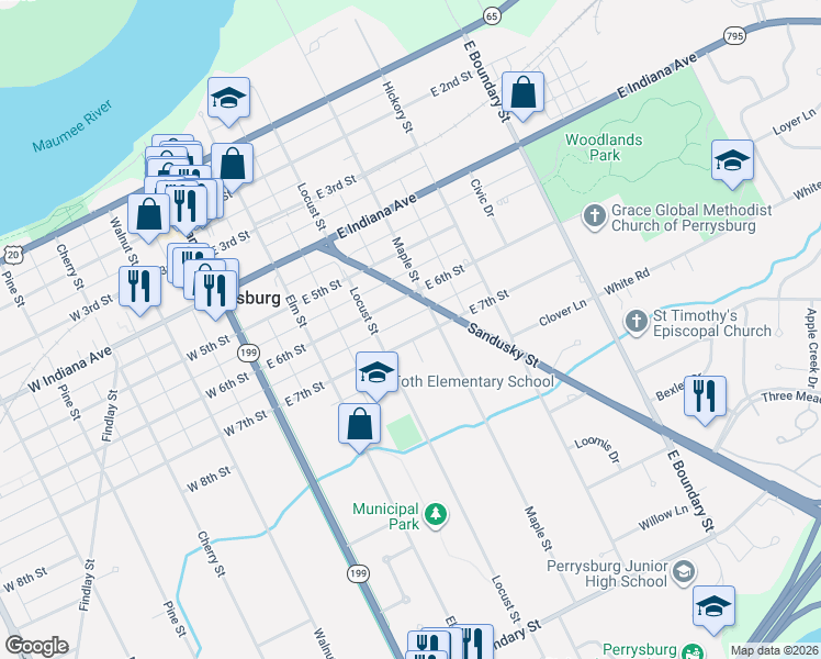 map of restaurants, bars, coffee shops, grocery stores, and more near 325 East 7th Street in Perrysburg