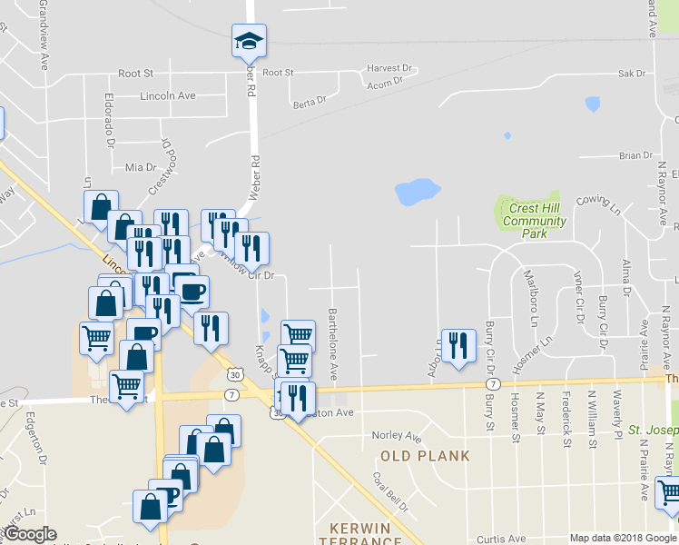 map of restaurants, bars, coffee shops, grocery stores, and more near 1808 Barthelone Avenue in Crest Hill
