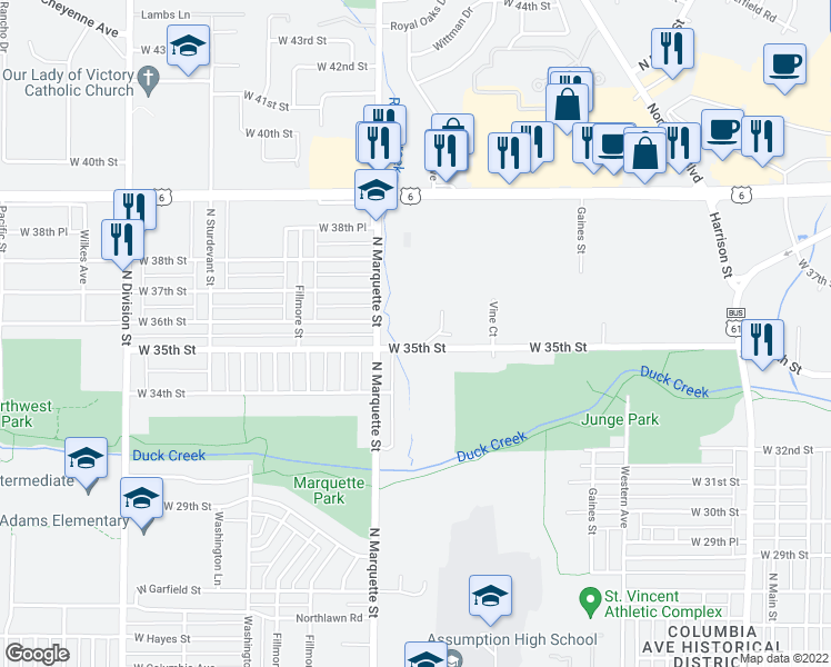 map of restaurants, bars, coffee shops, grocery stores, and more near 3525 North Marquette Street in Davenport