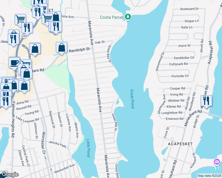 map of restaurants, bars, coffee shops, grocery stores, and more near 74 Reynolds Street in Falmouth